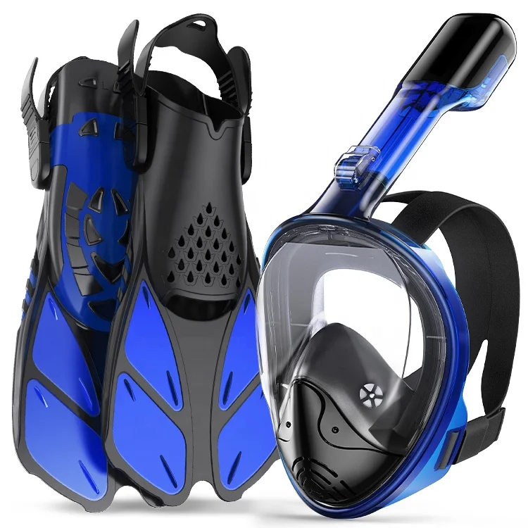 OEM Folding 180 Panoramic View Anti-Leak Anti-Fog Full Face Snorkeling Mask With Detachable Camera Mount Open Heel Swim Fins