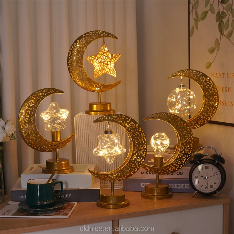 Nice Eid Led Light Creative Personality Wrought Iron Moon Lamp Ball Bulb Star Atmosphere Table Lamp Bedroom Decoration