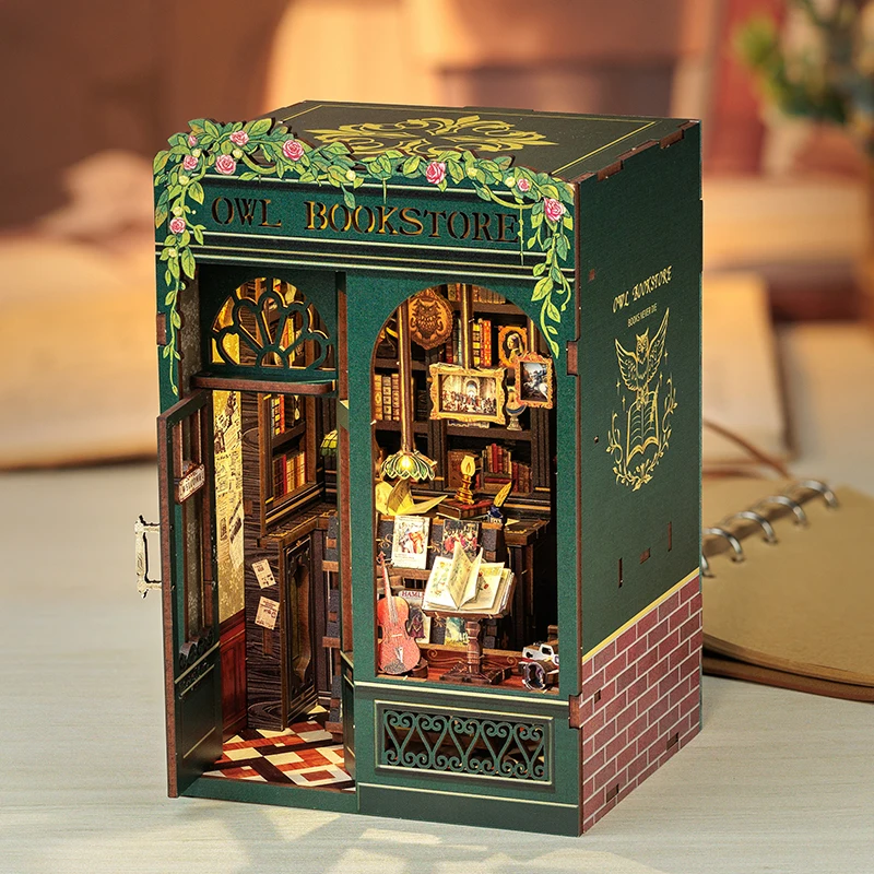 CuteBee New Style Mini Dollhouse Owl bookstore 3D Wooden Puzzle Use as Gifts Book Nook Kit Use as Gifts