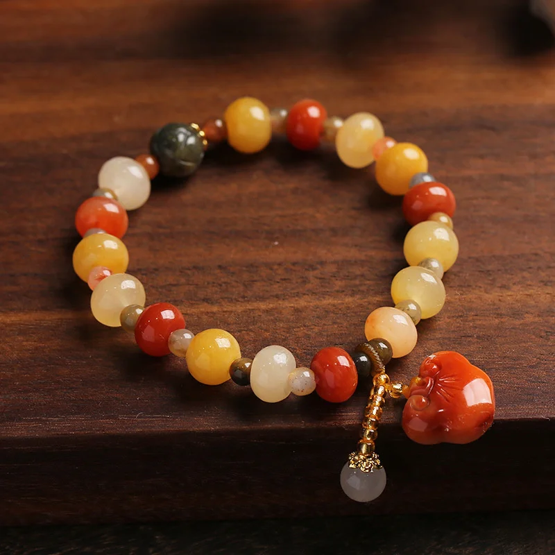 Natural Gold Silk Jade Beaded Bracelets for Women Handmade Vintage Jewelry Female Safety Lock Pendent Chinese Jade Bracelet