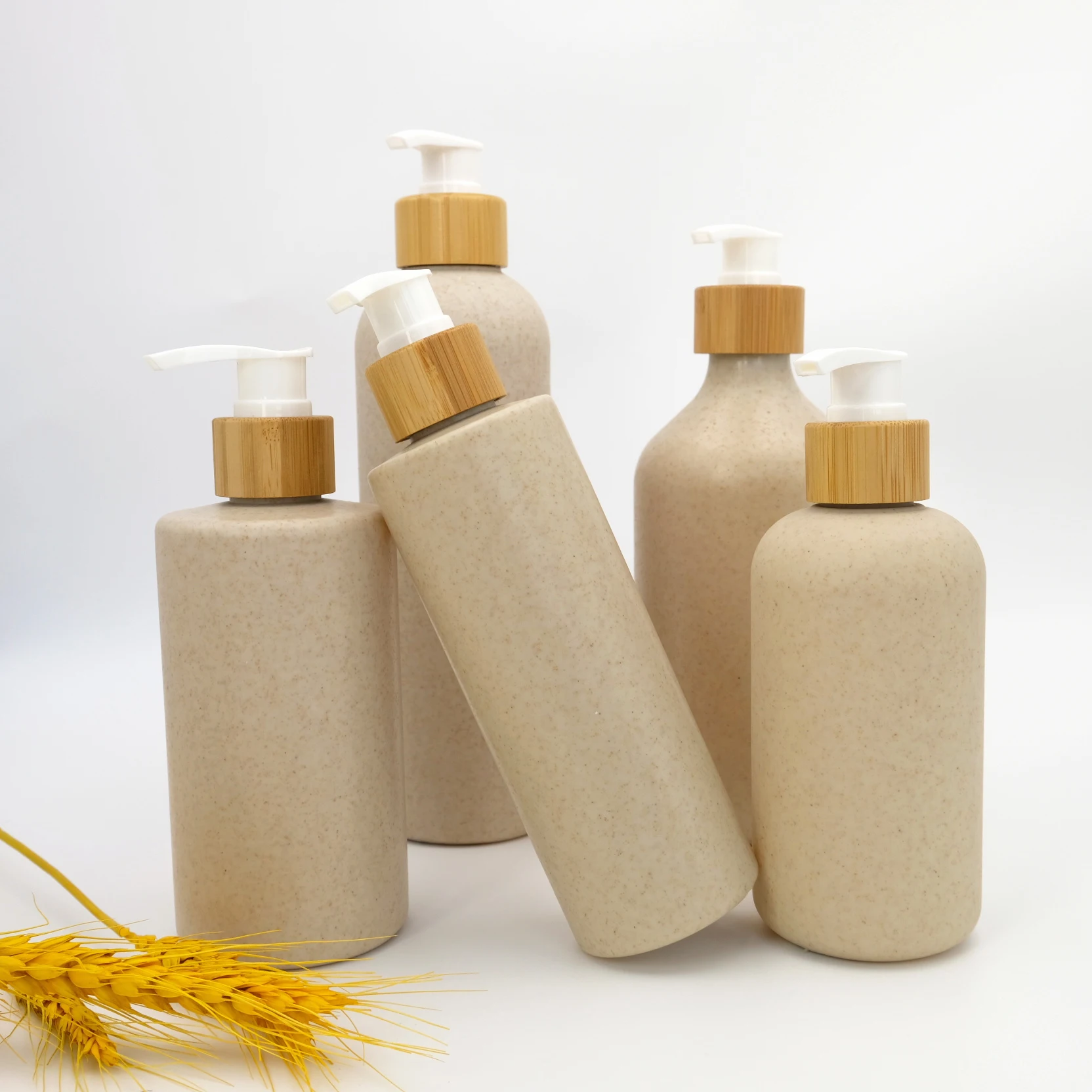 100ml 250ml 300ml 350ml 500ml Wheat Straw Lotion Bottle Biodegradable Plastic Shampoo Shower Gel Bottle with Bamboo Lid