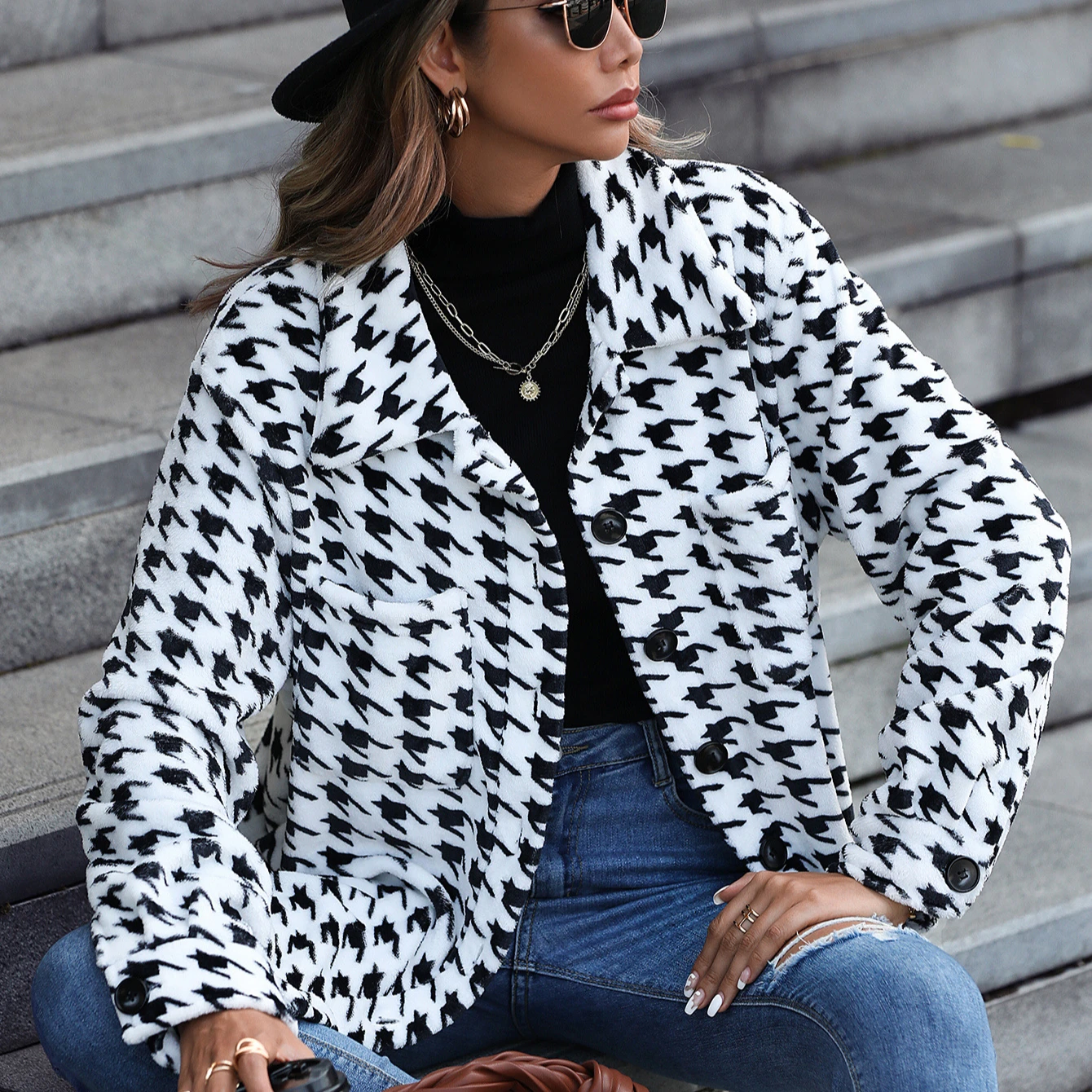 Women Casual Long Sleeve Houndstooth Printing Turndown Collar Coat Ladies Print Lapel Autumn Winter Blazer