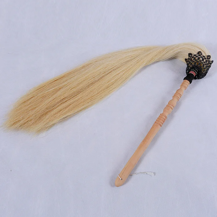 Peach Wooden Handle White And Black Horse Tail Hair Tai Chi Fly Whisk