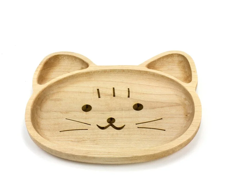 eco-friendly solid Wooden Personalization Child Kids burger chees breakfast bread cheese Snack Dish Baby First Animal Face Plate