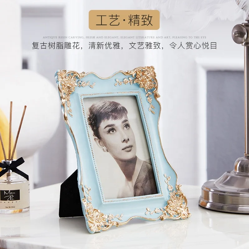 Европейский стиль художественное ремесло инновационный стол дисплей Резьба Цветок синий золотой каучуковая фоторамка