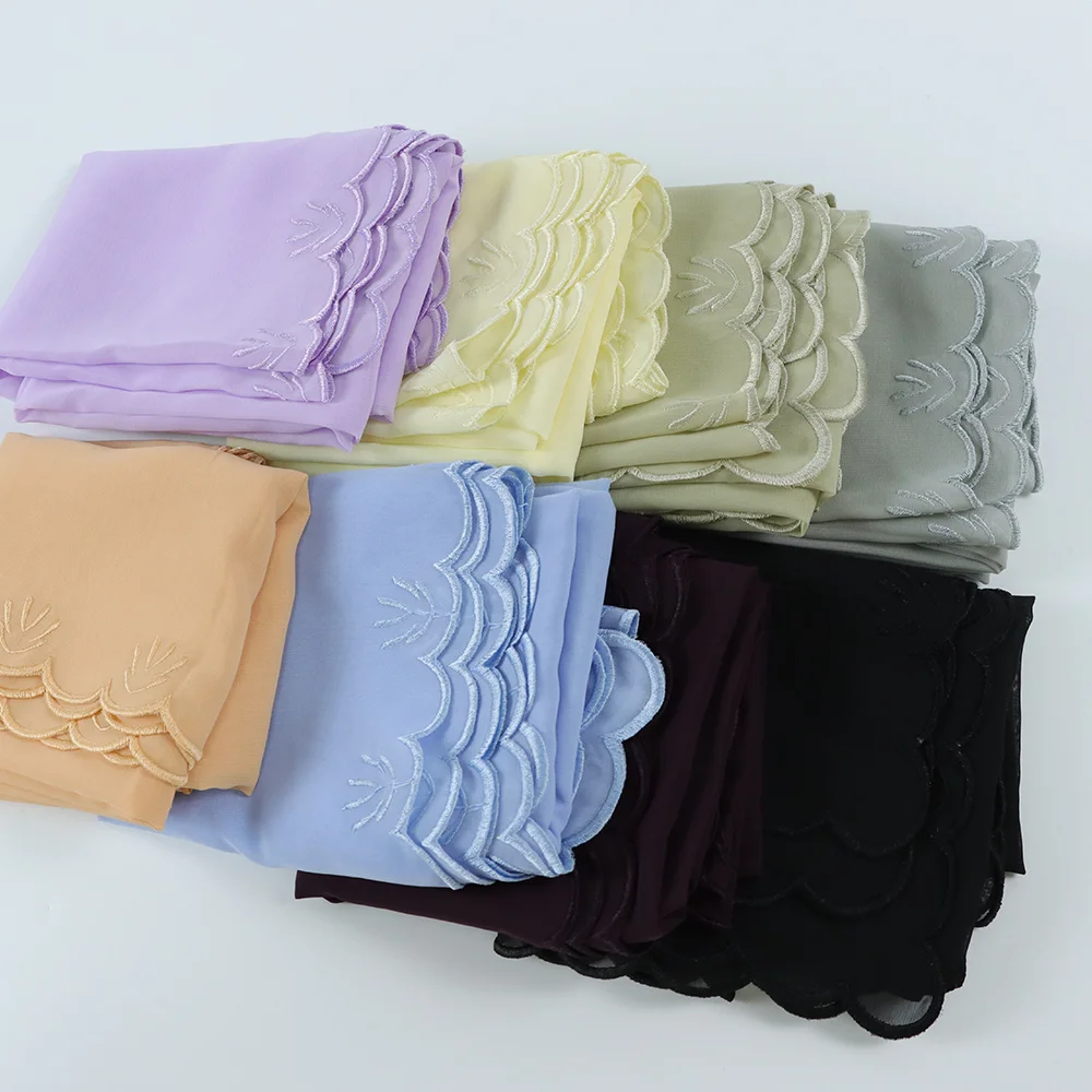 premium pearl chiffon embroidered hijab scarf Malaysia women sulam tudung muslim headscarf