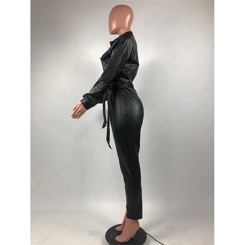 2022 China wholesale black leather jumpsuit PU leather jumpsuit