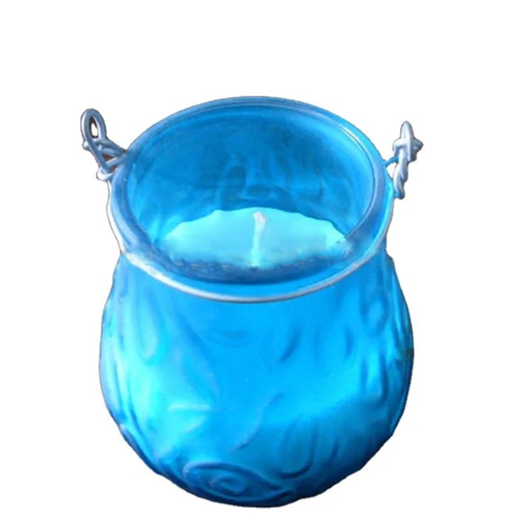 High quality custom luxury outdoor citronella candle in blue glass jars with metal handle