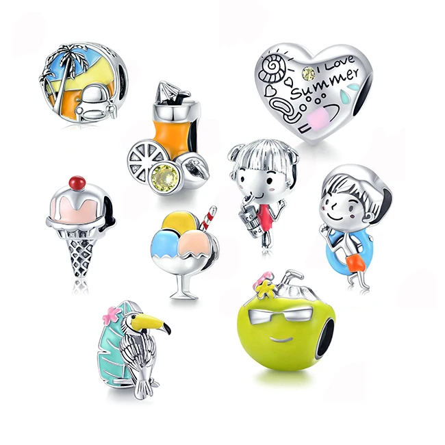 Summer Holiday Series Beach Round Metal Beads  925 Sterling Silver Coco Tree Enamel Charm Fits Original Bracelet Jewelry