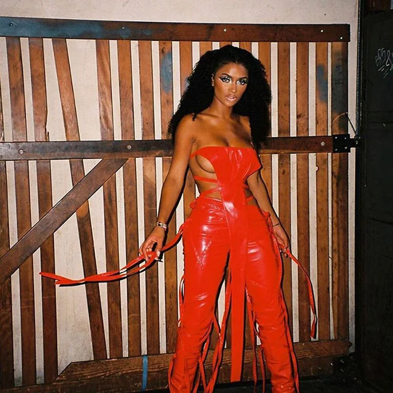 Personalized inclined Skinny Ribbons high waisted pleated leggings Tassel Faux ribbon casual Pu leather lace up pants women