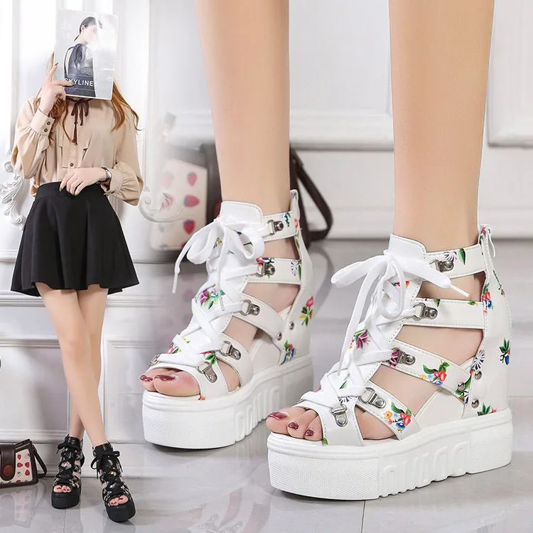 Factory direct supply roman style thick soled toe lace up ankle strap heels sandals floral lace-up trifle wedges sandals
