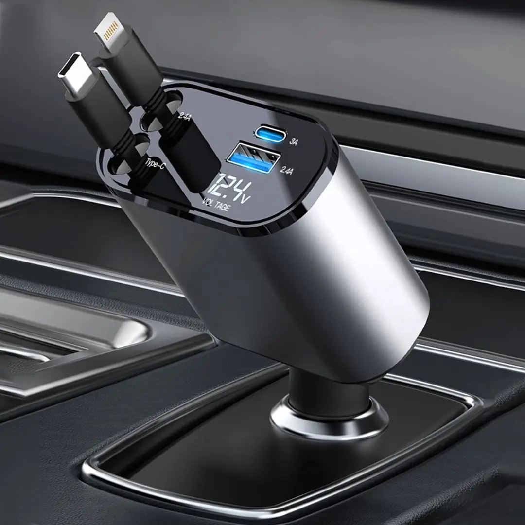 120W 4 in 1 Super Display Cable Mobile Android Auto Led Iphone Port Charging Usb Type C Retractable Fast Car Charger Adapter