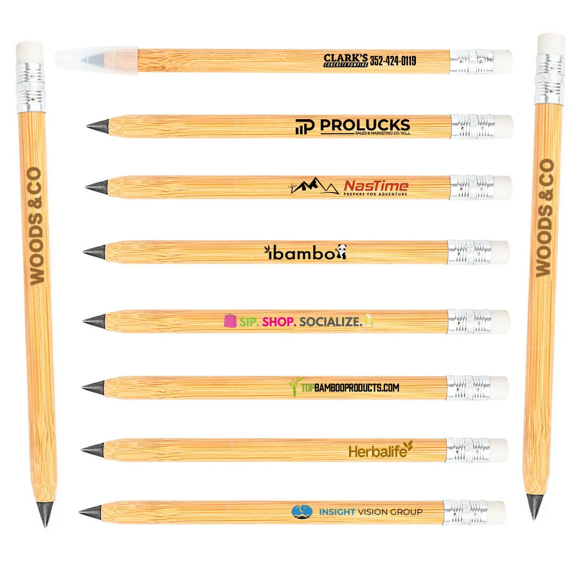 custom solgan txt words forever lasting bamboo wood infinity inkless pencil and pen with eraser for office school use-