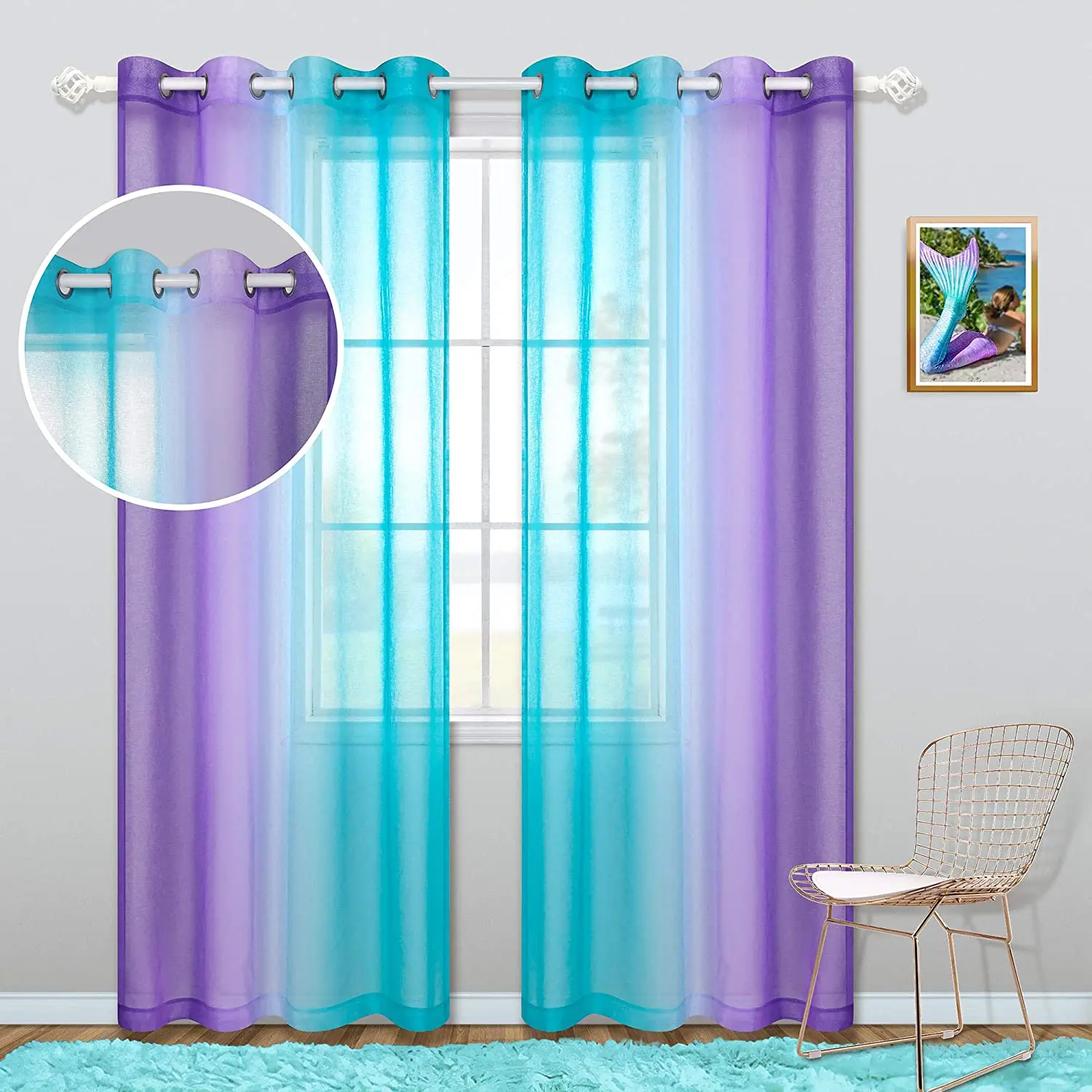 Ombre Curtains for Girls Bedroom 2 Panels Grommet Window Sheer Purple and Teal Curtains for Kids Room Mermaid Nursery Turquoise