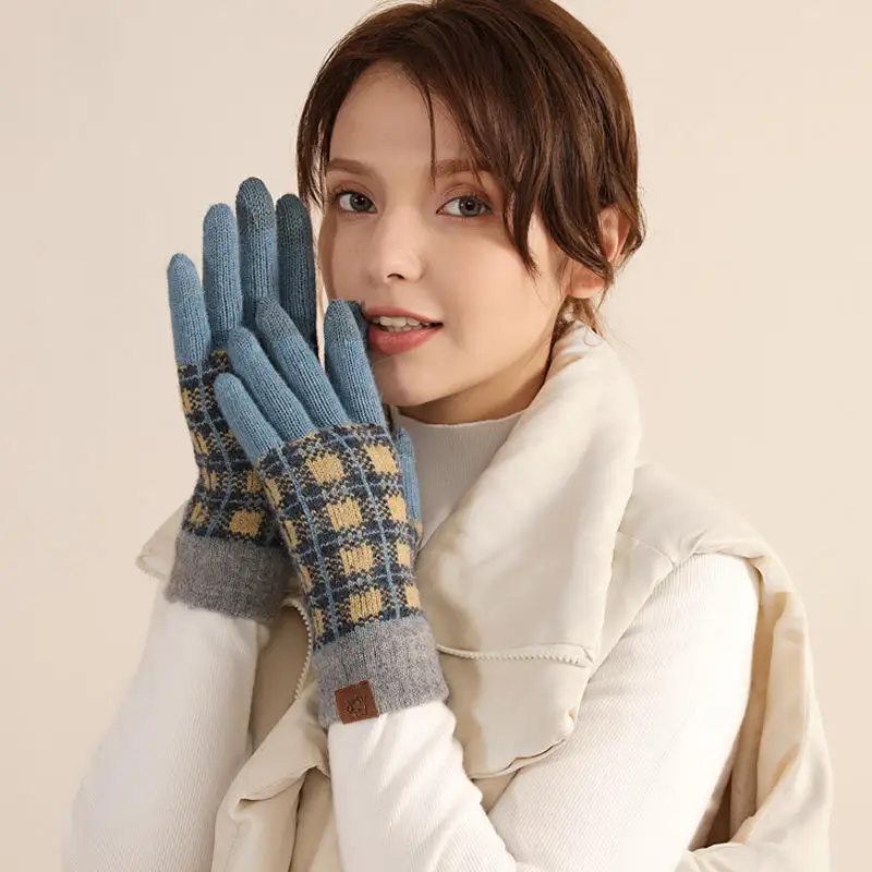 Cheap Winter Neutral Plaid Touch Screen Gloves Thickened Keep Warm Acrylic Knit Gloves