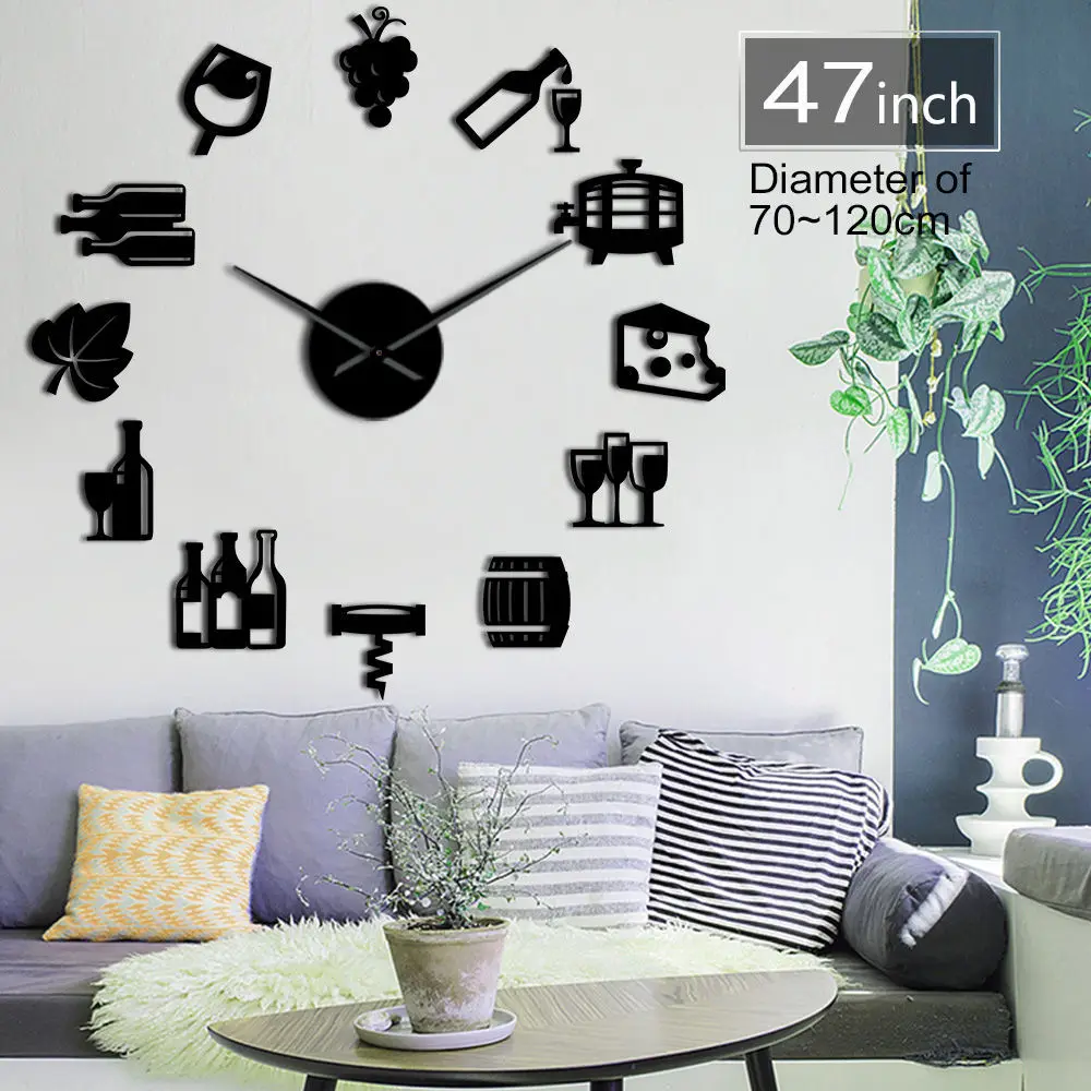 Cheese and Wine Modern Frameless DIY Giant Silent Wall Clock Alcoholic Drink Pub Bar Sign Cork Screw Decorative Wall Watch
