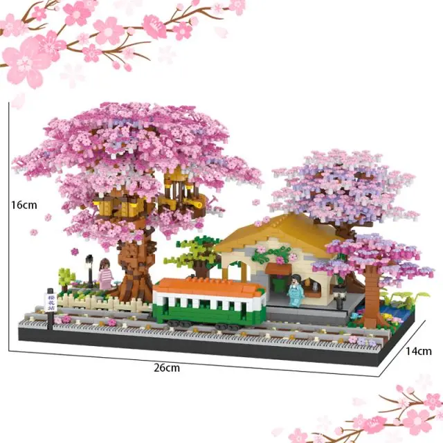 Model 606 Cherry Bonsai With Mini Train Set Small Building Blocks Cherry Tree