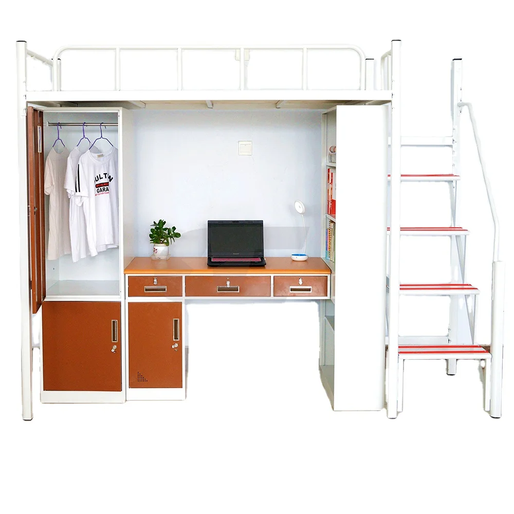 Metal Student dormitory bunk bed with locker and desk college bunk bed with desk wardrobe