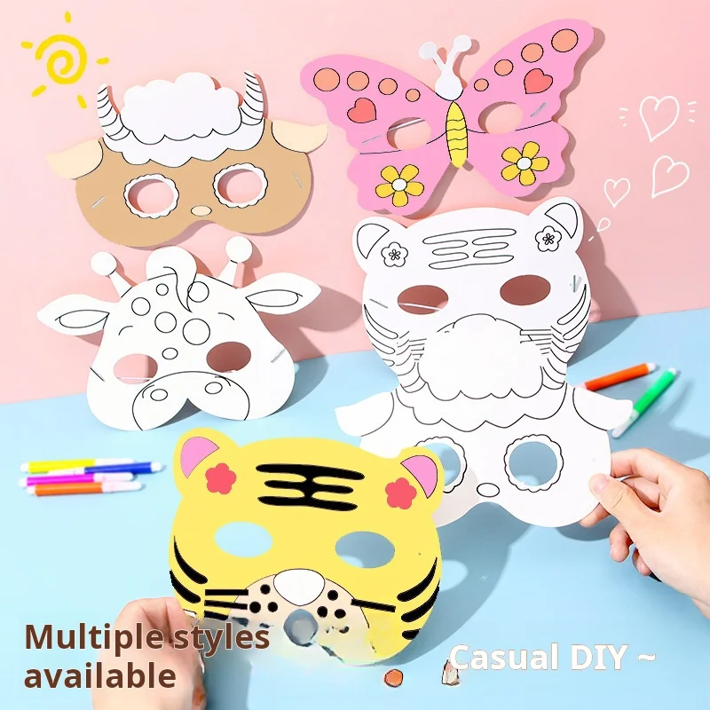 Kids Cartoon Animal DIY Graffiti Art Crafts Mask Toy Paper Mask Hand-painted White Paper Card Material with Color Pens