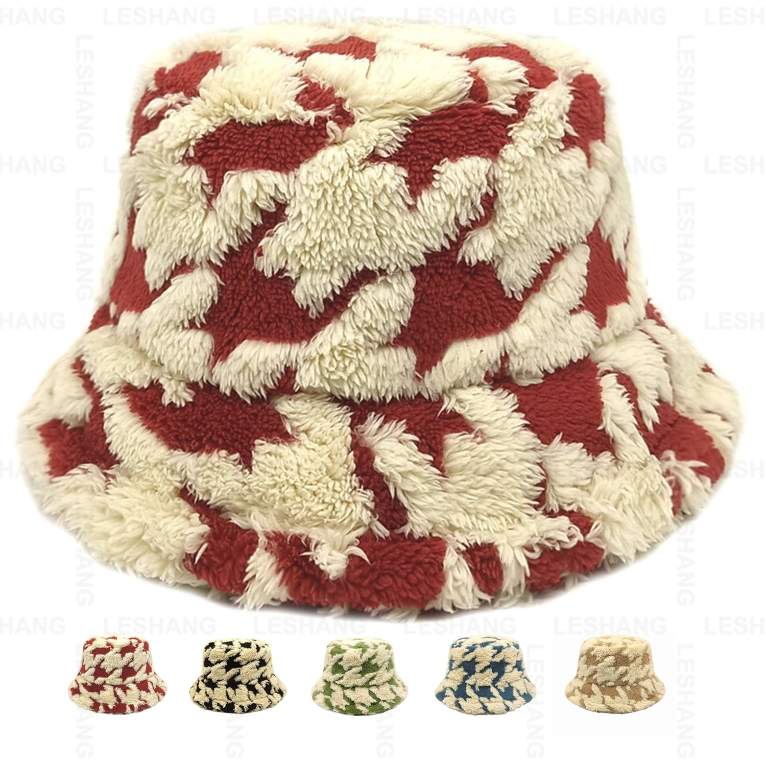 Wholesale Custom Logo Winter Thick Warm Faux Fur Houndstooth Fluffy Bucket Hat Casual Fur Fuzzy Polyester Fisherman Hats