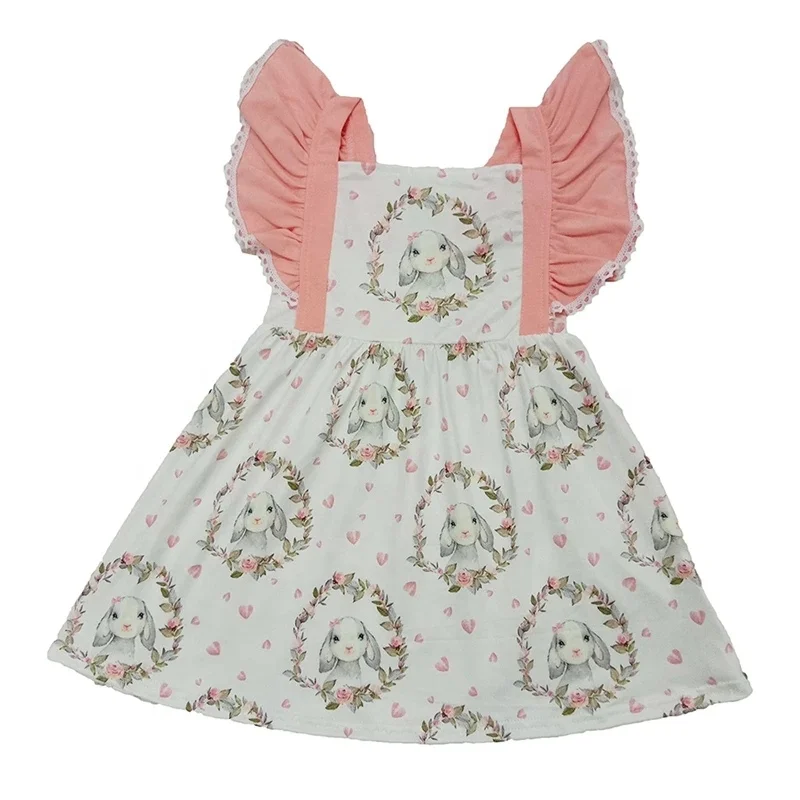 
Easter style cute rabbit full printed casual dress round neck flutter sleeve knee length baby dress princess dress kid frock 