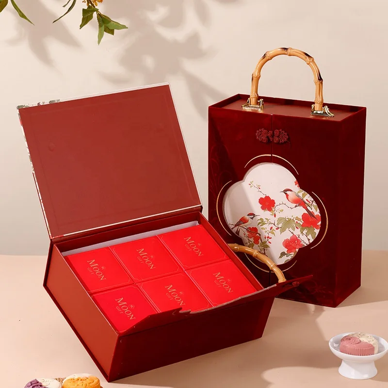 In Stock Luxury Chinese Style Open Door Gift Box Custom 6 12 Pack Mooncake Box Gift Packaging With Handle