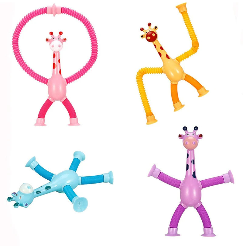 Decompression Squeeze Toys Multicolor LED Light Up Toys Pop Tubes Sensory Fidget Suction Cup Pop Tube Giraffe Toys For Kids