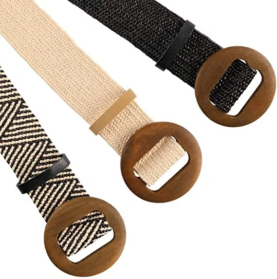 Плетеный эластичный пояс из соломы Женский облегающий для платья модный плетеный ремень с круглой деревянной пряжкой