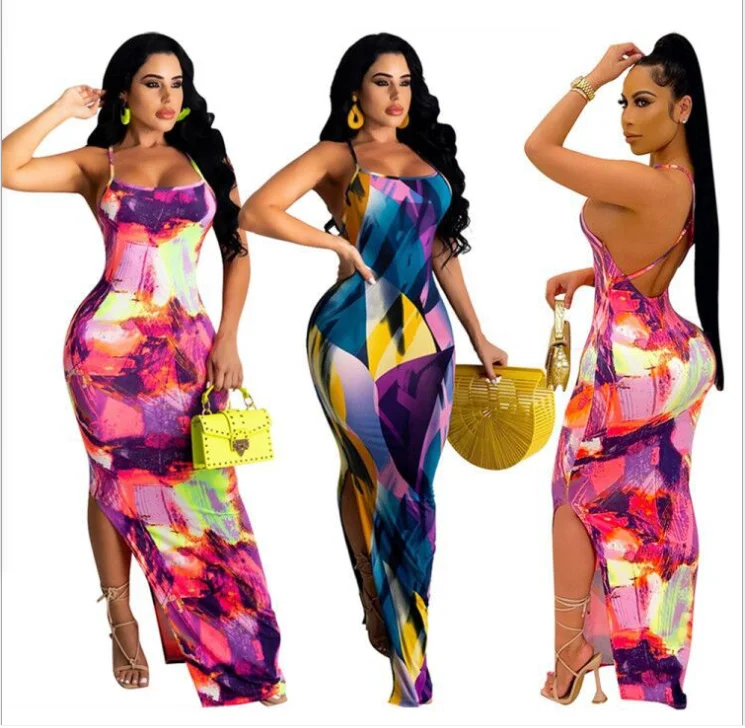 Европейское и американское платье, летняя популярная юбка на бретелях с разрезом, Женская юбка с принтом
