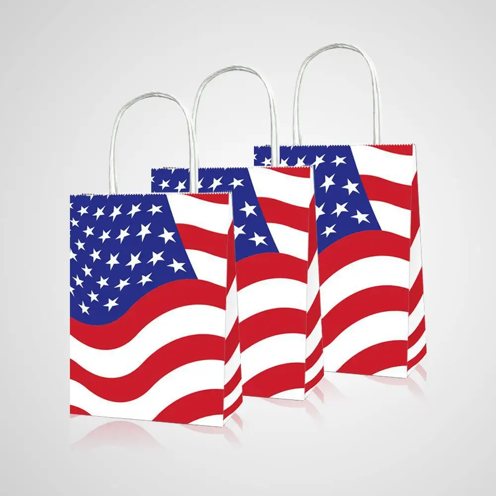 Pack of 12 American Flag Patriotic Bags with Handles Gift Bags Independence Day Red Blue and White Shopping