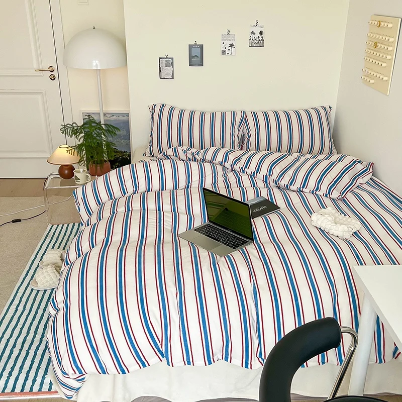 Most Selling Products Thick Blue Striped Pattern Milk Fleece bed cover duvet bedding bed sheets set