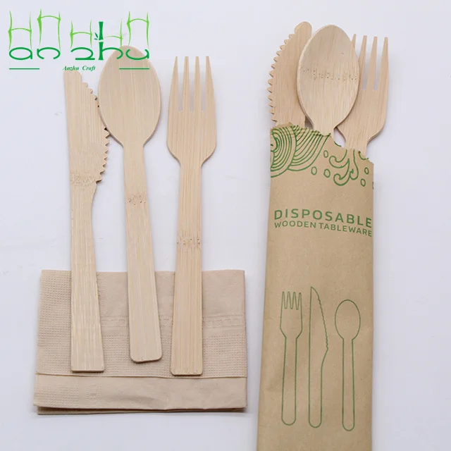 Amazon high quality 100pcs luxury biodegradable compostable bamboo cutlery fork spoon knife set for party