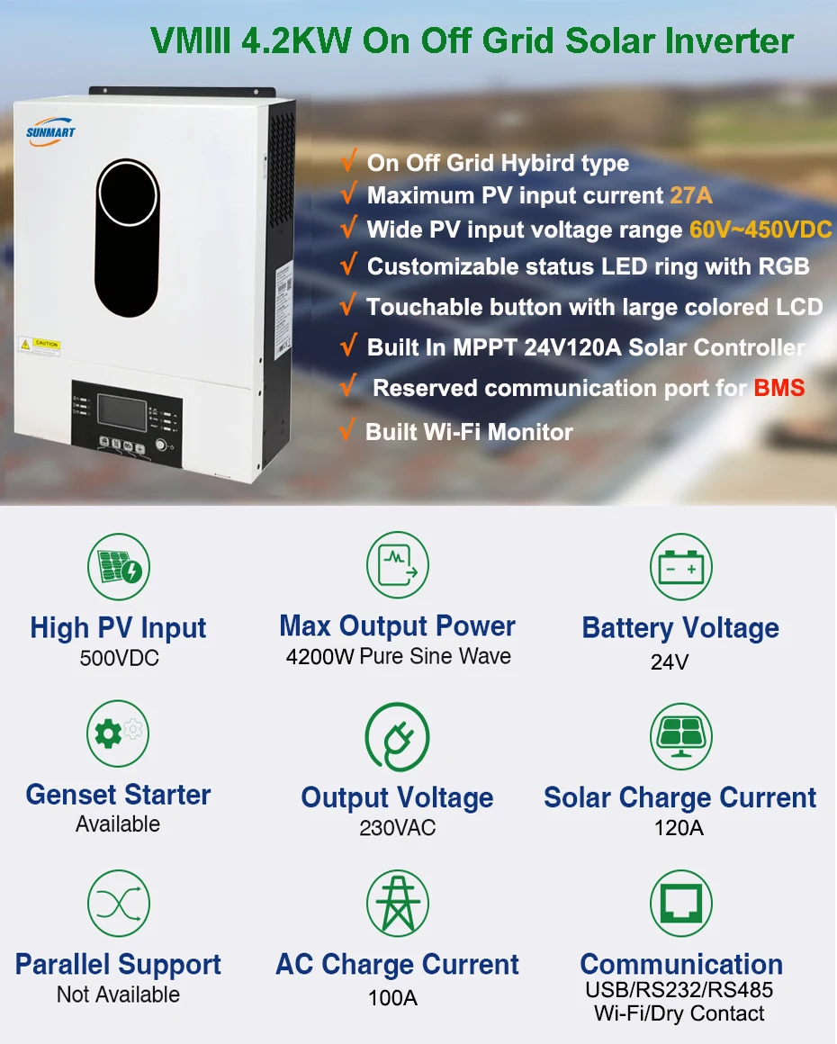 Popular Hybrid inverter MPPT 24V 4.2KW 6.2KW Pure Sine wave on off grid system + WiFi + BMS