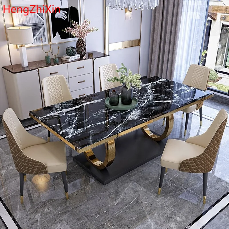 modern Custom Titanium gold dinner table set 8 chairs black Italian marble dining table