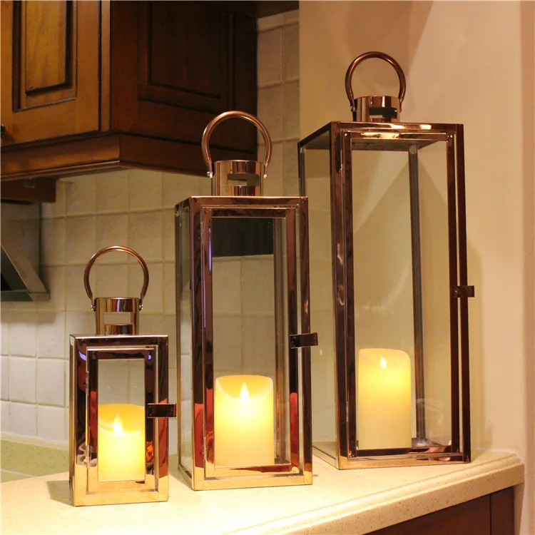 High quality classic home decor luxury lantern candle lantern large decoration rose gold and sliver masterpiece home decor S/3