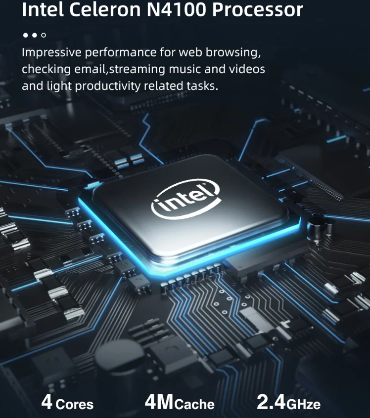 Quad-Core Mini PC Intel Celeron N4100 8GB LPDDR4 128GB M.2 SSD 2.4G/5G Wifi 4K 60Hz USB-C