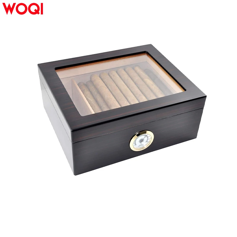 WOQI Handcrafted Glossy Cedar Wood Lined Large Capacity Cigar Box with Hygrometer Elegant Genre Humidors