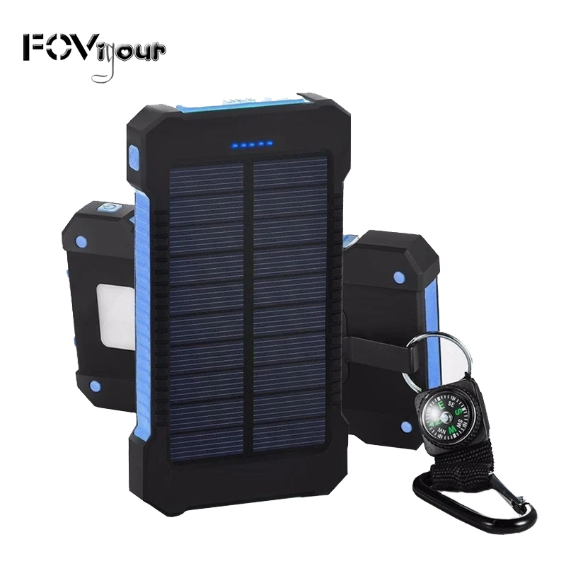 FOVigour 10000mah outdoor solar power charger with LED light waterproof solar charger portable