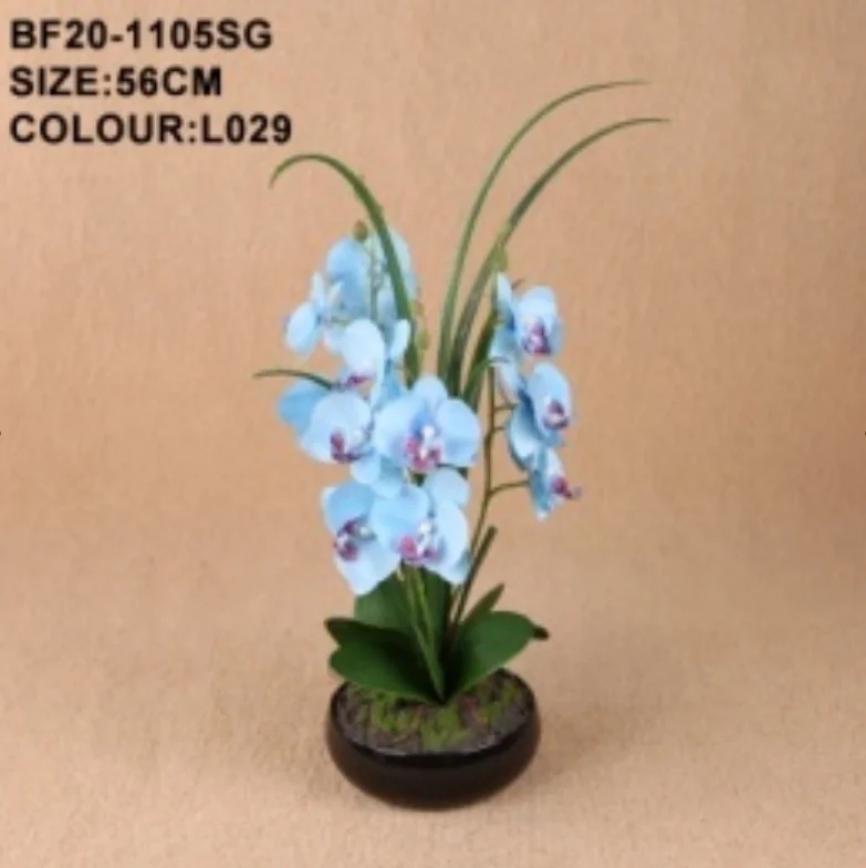 56cm light blue orchid with long leaves simulation flowers and grass black potted plant