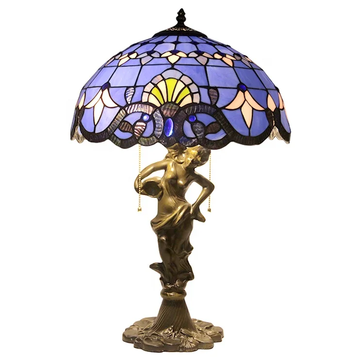 LongHuiJing Tiffany Lamp Stained Glass Desk Lamps 22.5 Inch Tall Blue Purple Baroque Shade 2 light table lamp