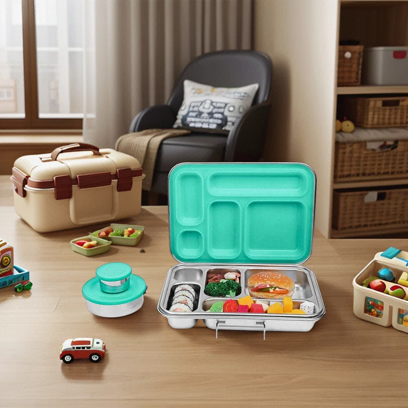 Aohea SS304 Stainless Steel dinnerware lunch box for School 5 compartment bento box with soup jar