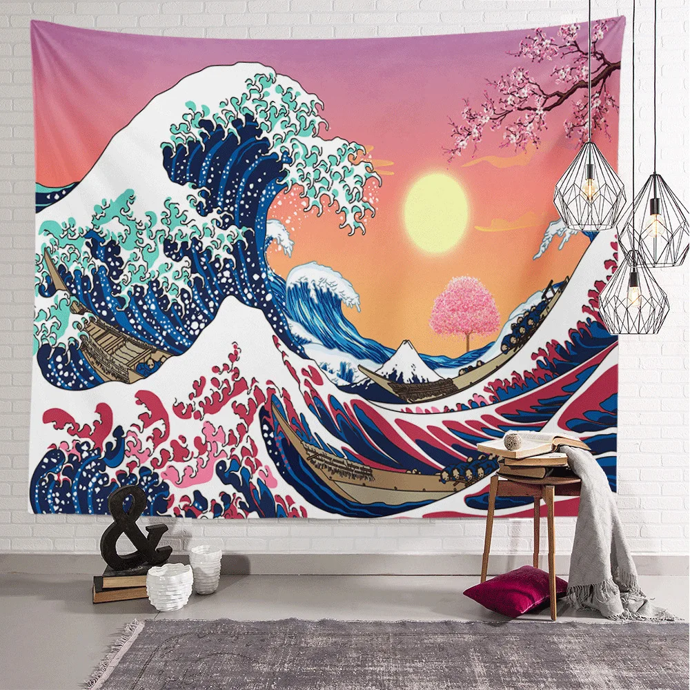 Printed polyester  Art background cloth decorative Ins beach towel Japanese Ukiyo Kanagawa wall hanging tapestry