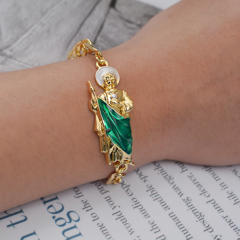 High Quality 14k Oro Laminado San Judas Bracelet for Men and Women Punk Unique Tadeo Bracelet Religious White Gold Jewelry