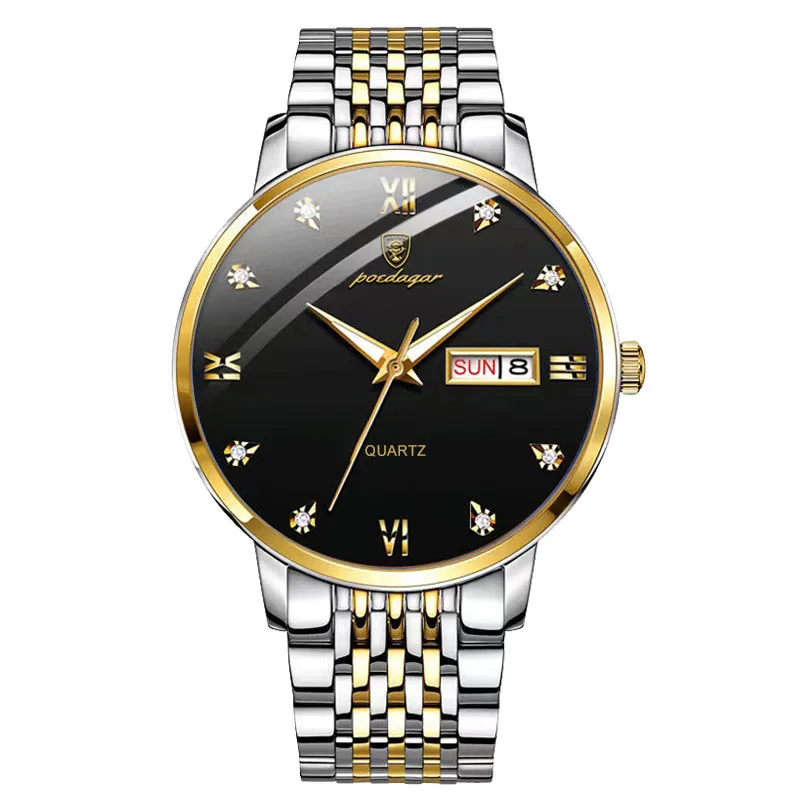 Fashion Business Men Wrist Watch Poedagar Brand 834 Stainless Steel Strap Quartz Waterproof Luminous Date Analog Watch For Men