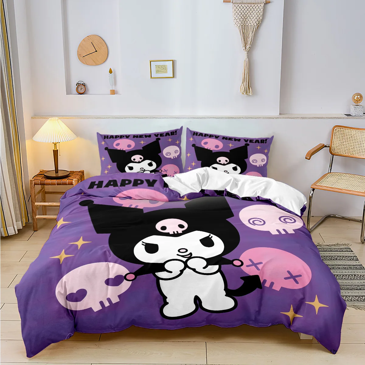 Anime Kuromi Cartoon HD Printed Flannel Blanket Pachacco Kuromi Melody Cinnamoroll King Queen Pillowcase Bed Linens Home Textile