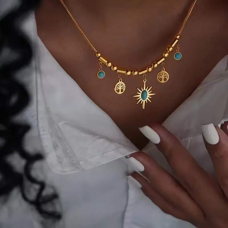 Vintage Stainless Steel 18k Gold Plated Sun Pendant Turquoise Charm Necklace For Women Retro Jewelry