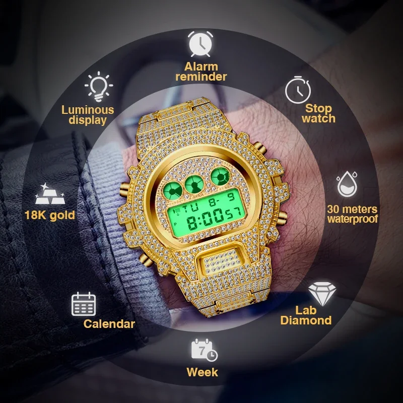 missfox Men Watch Hip Hop Iced Out Stainless Steel Multifunctional Digital Watches Luxury Diamond G Style Shock Resistant Clock