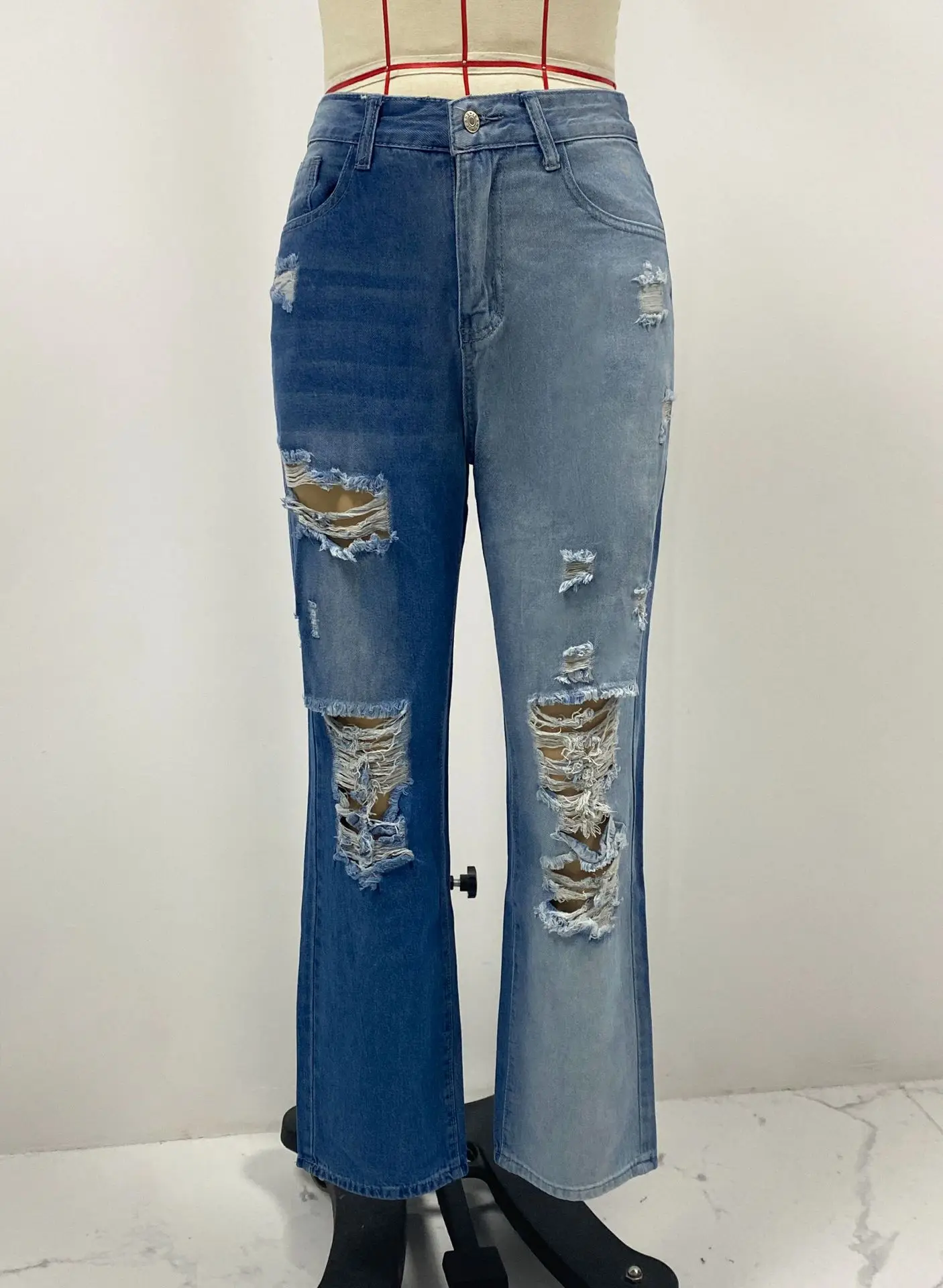 Trendy European And American Pencil ripped Pants Light Blue Light Color Stretch Jeans Women Pants mixed trousers