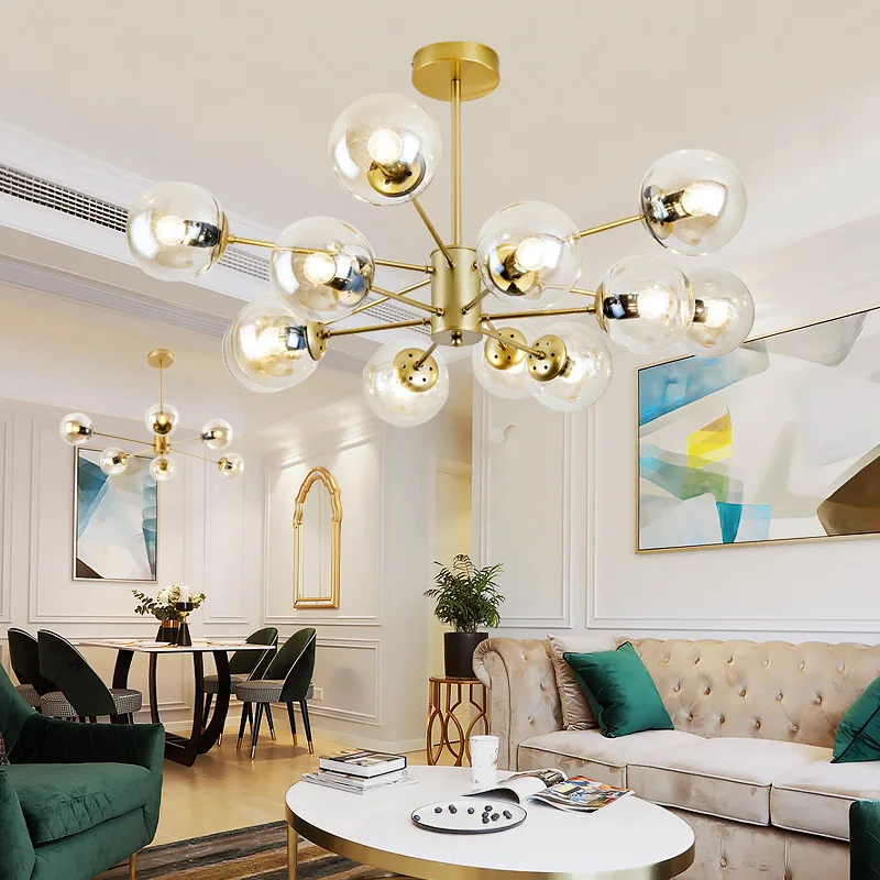 Nordic Modern Gold Glass Chandelier Living Room Kitchen Metal Ceiling Chandelier Suspension Luminaire