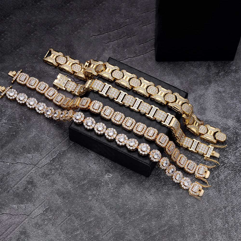 Hip Hop Jewelry 9.5mm Iced Out Zircon Diamond Bling Cluster Circle 925 Sterling Silver Tennis Chain Round Bracelet for men